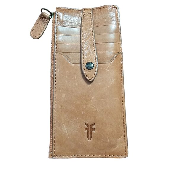Frye Melissa Snap Card Leather Wallet Tan 3.5x7.5 Zip Pouch - Picture 1 of 8